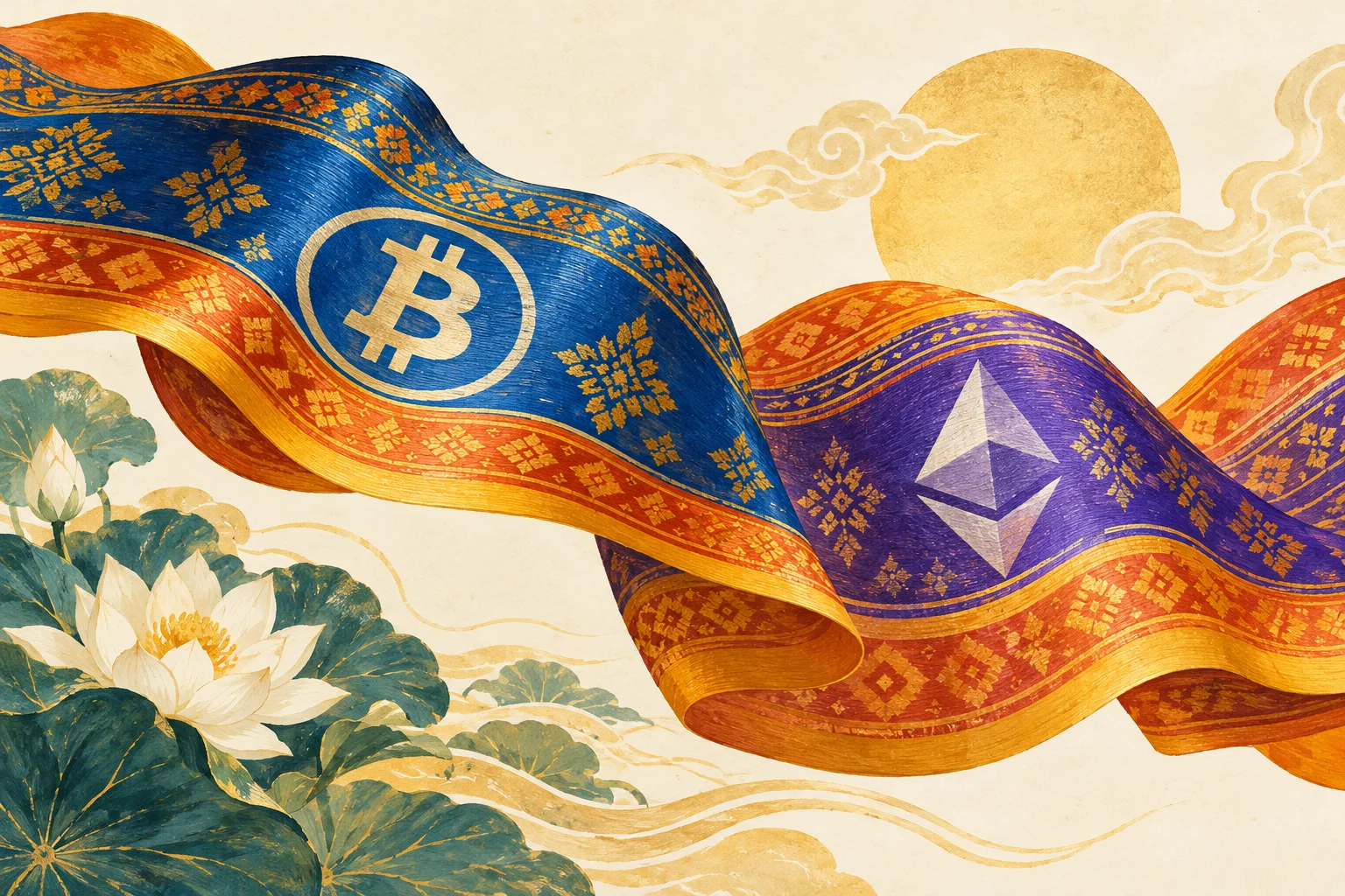 Ilustración editorial de apertura regulatoria a Bitcoin y Ether en Tailandia.